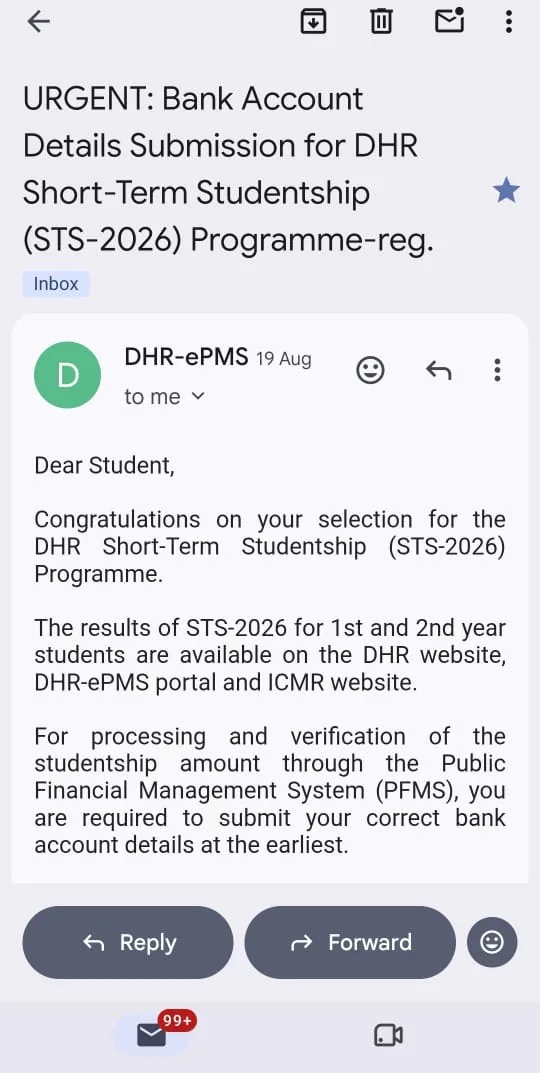 DHR-ePMS email confirming selection for the STS-2026 short-term studentship programme